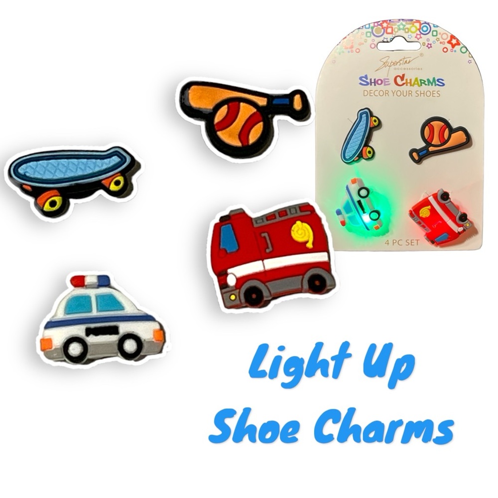Light Up Shoe Croc Charms Set of 4 Baseball, Skateboard, Police & Fire Truck
